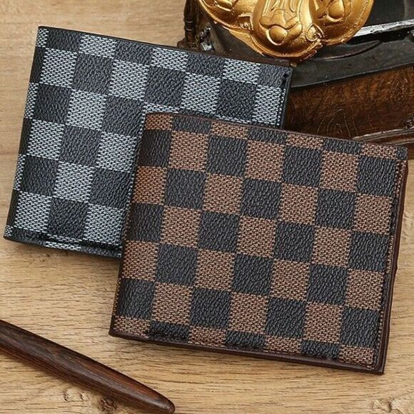 Men's Brown and Tan Checkered Bi-Fold Wallet - Vegan Leather - Picture 1 of 4